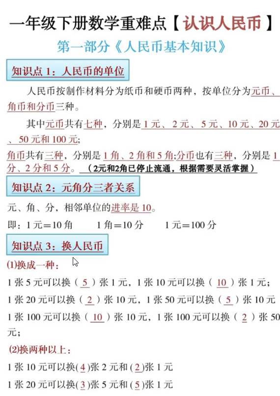 一年级下册数学重难点【认识人民币】共6页-学库网络