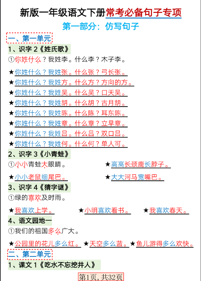 2024新版一年级语文下册必做句子专项练习，共32页带答案-学库网络