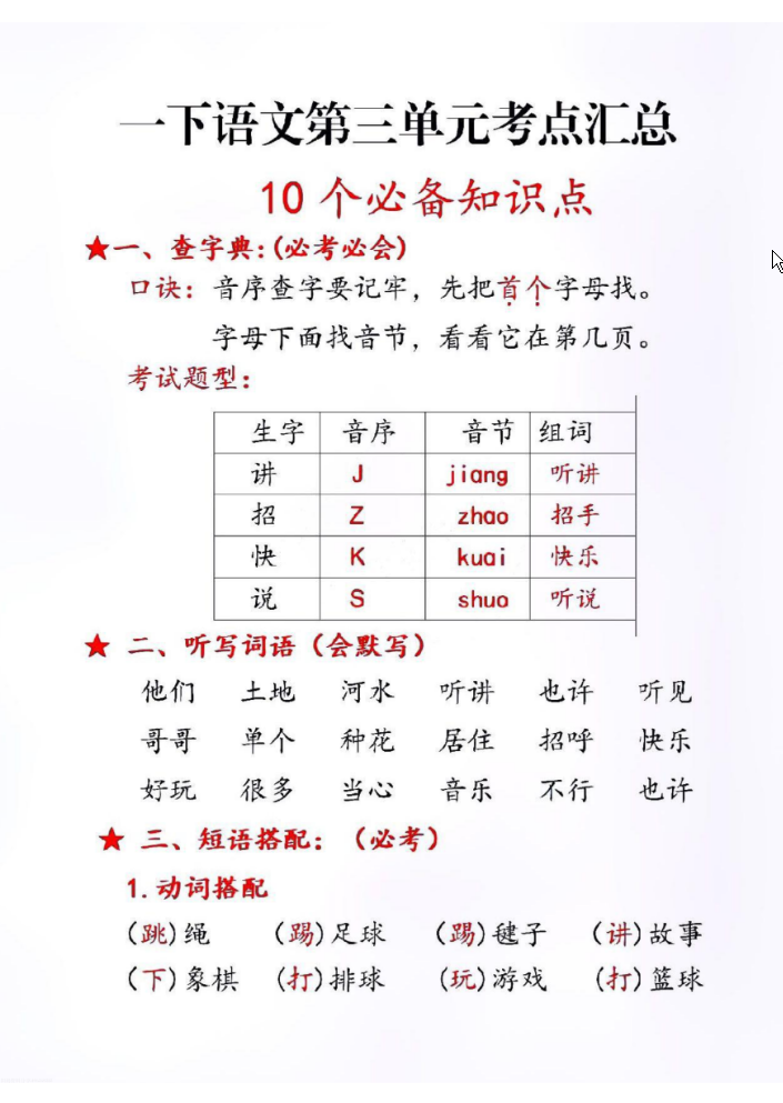 一年级下册语文第三单元10个必备知识点-学库网络