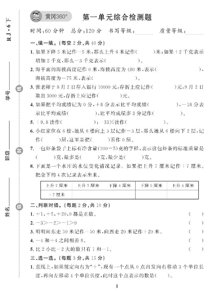 黄冈360°六年级下册数学单元试卷-学库网络