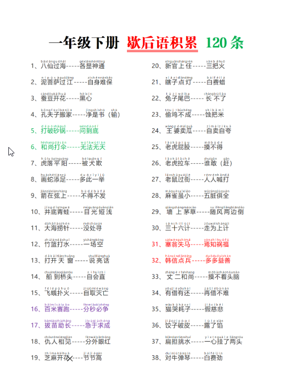 一年级下册语文第五单元歇后语120条（电子版可打印）-学库网络