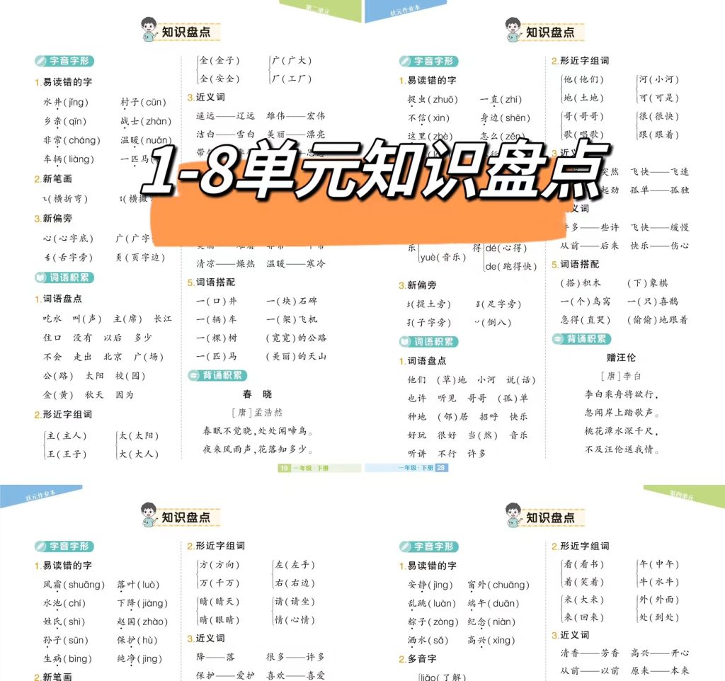 一年级下册语文1-8单元知识盘点（共8页）-学库教育