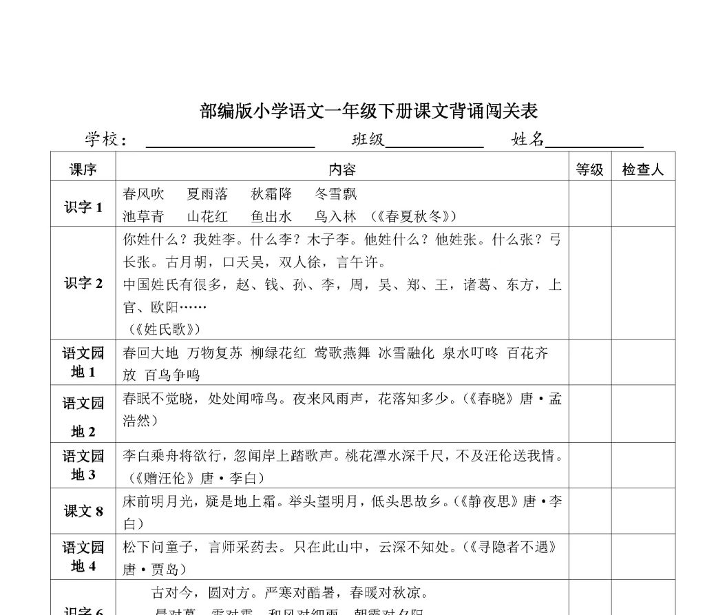 小学语文1年级下册课文背诵闯关表-学库网络