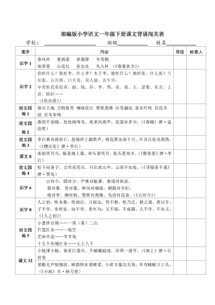 图片[2]-小学语文1年级下册课文背诵闯关表-学库网络