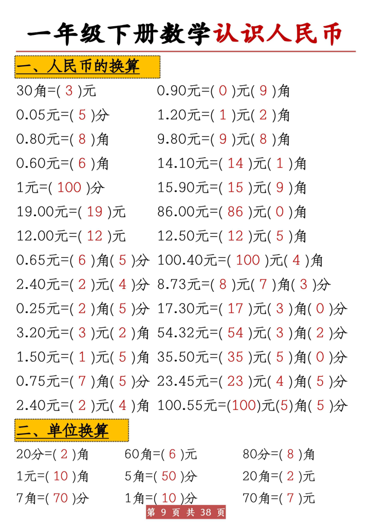 图片[3]-一年级下册数学《认识人民币》元角分换算专项共38页-学库网络