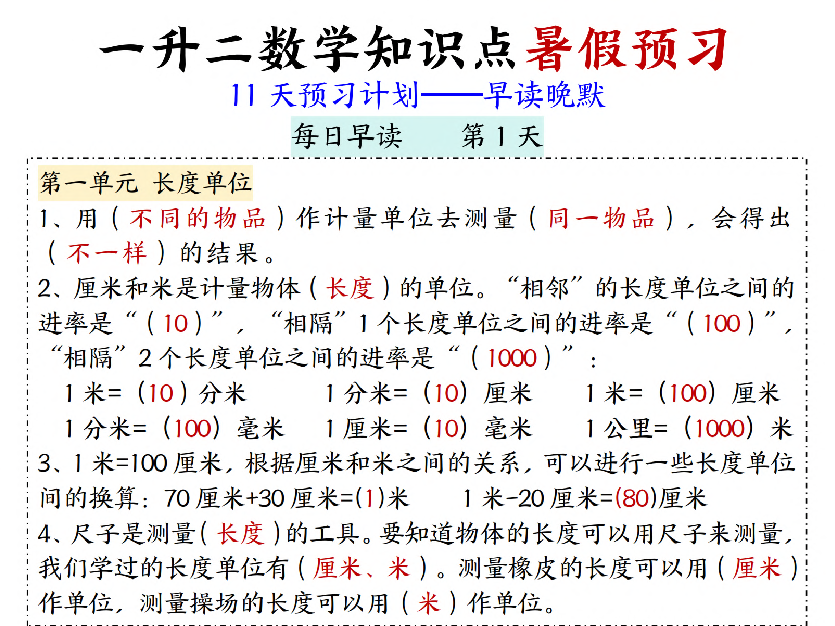 一升二数学知识点（11天预习计划）暑假预习早读晚默-学库网络