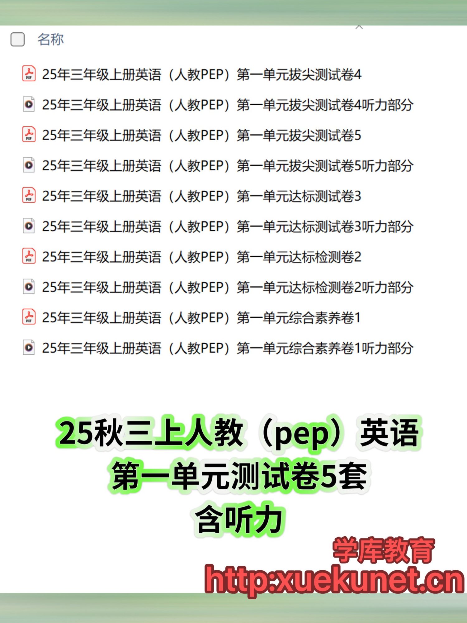 25年三年级上册英语（人教PEP）第一单元测试卷5套（含听力部分）-学库教育