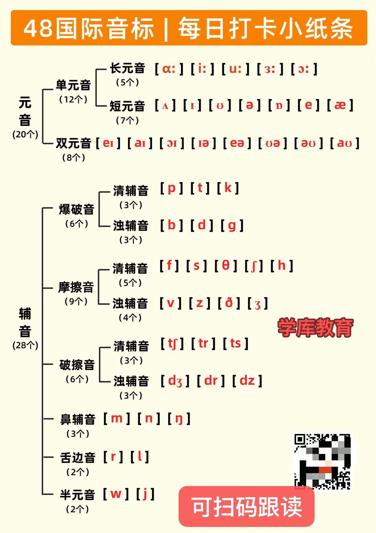 48国际音标24天打卡小纸条（含练习）答案，可扫码跟读（电子版）-学库教育