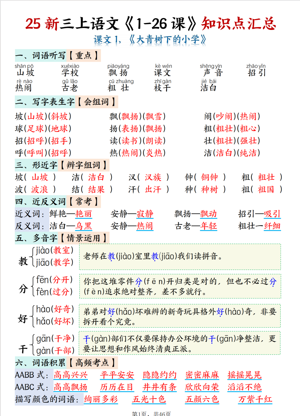 25秋三年级上册语文全册1-26每课知识点汇总（含思维导图）-学库教育