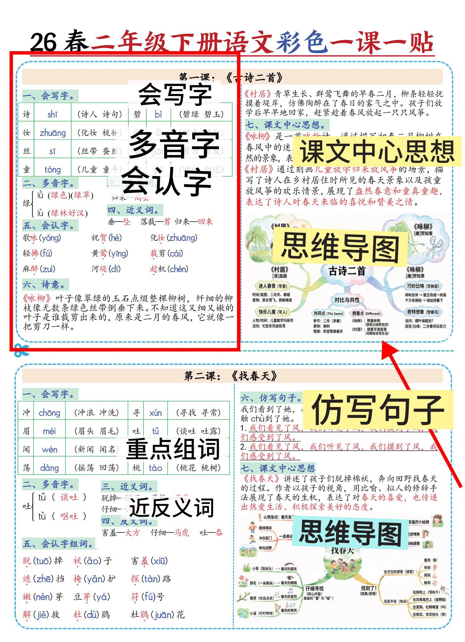 26春新版二年级下册语文知识点课课贴（带思维导图18页）-学库教育