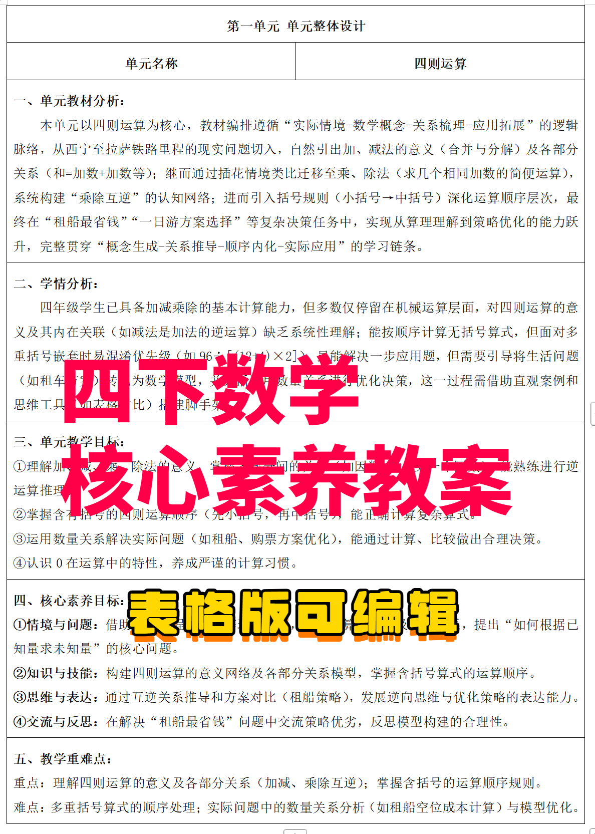 图片[2]-2026人教版数学四年级下册核心素养教案（表格版全一册）纯教案无课件-学库教育