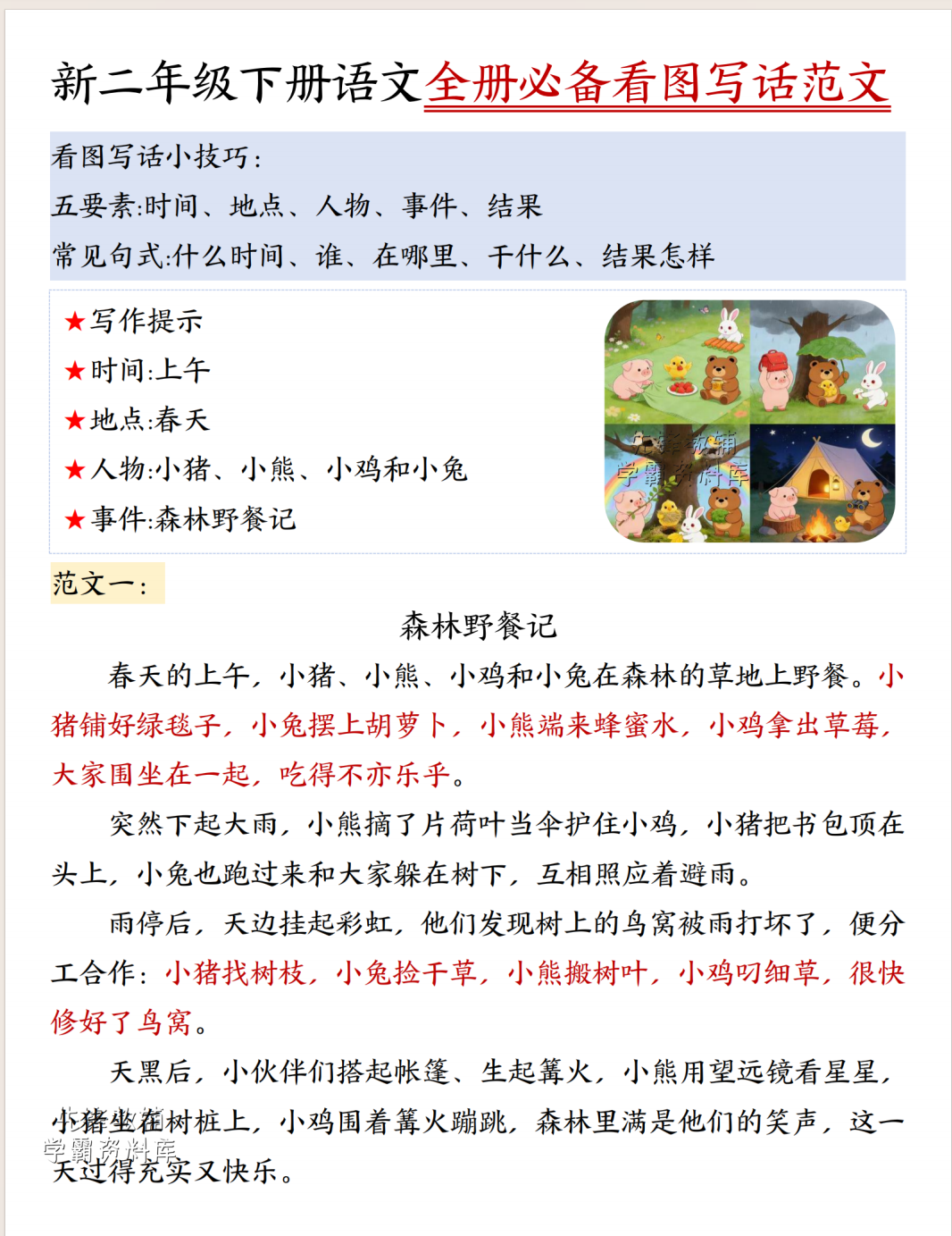 2026二年级下册语文全册必背看图写话范文-学库教育