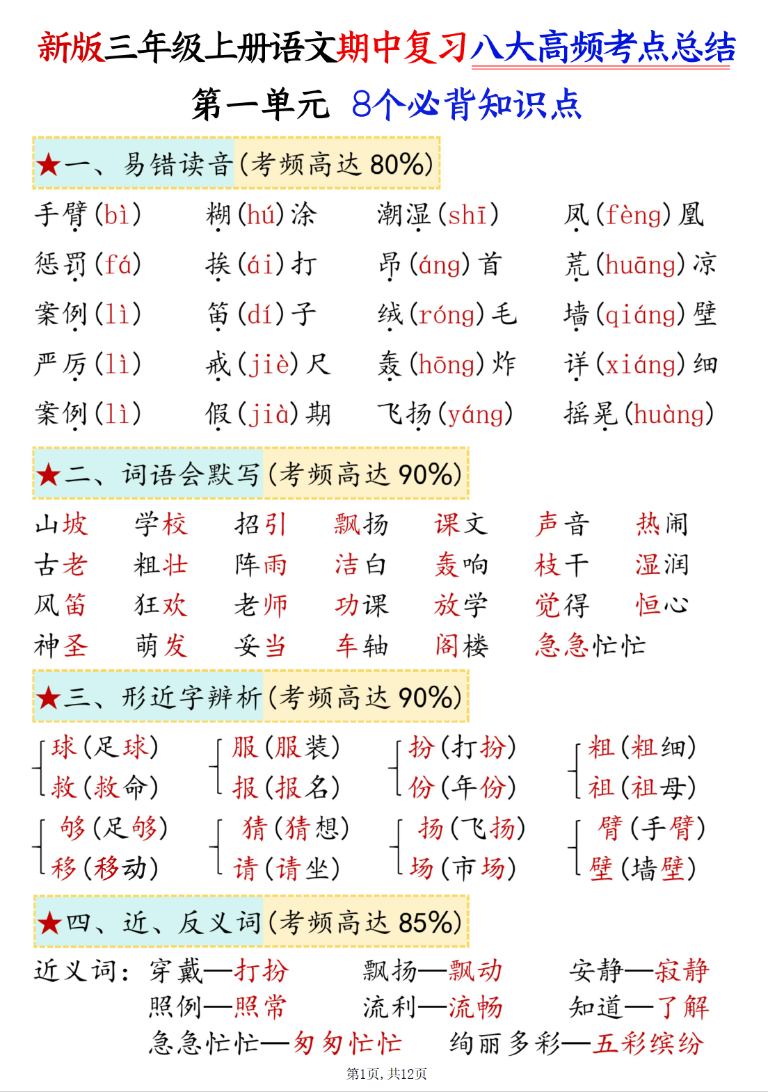 26新版三年级上册语文期中复习1-4单元高频考点+练习-学库教育