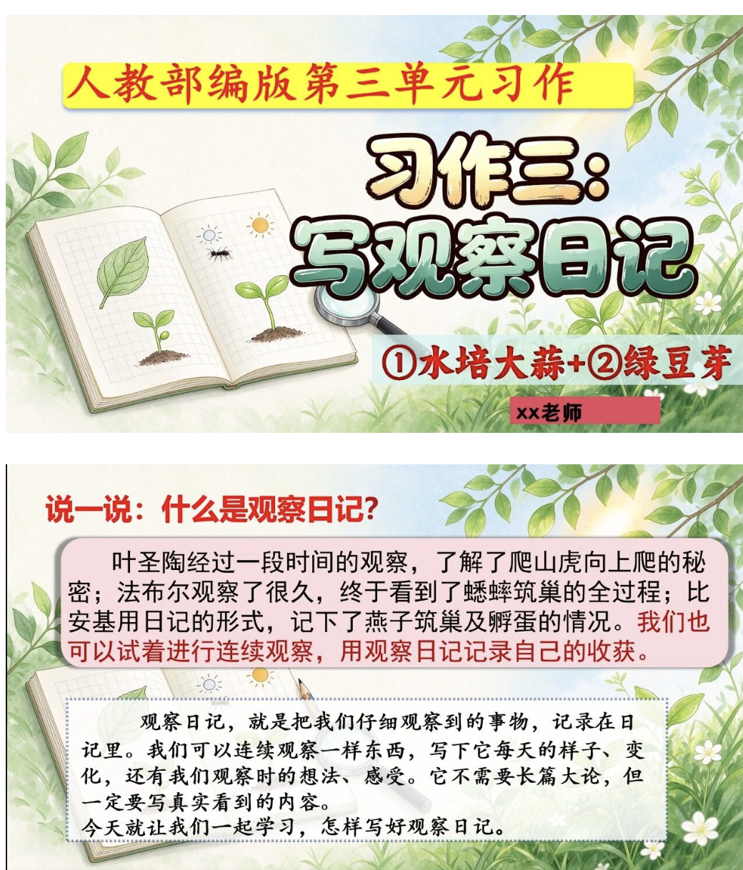 26秋四年级上册语文第三单元《写观察日记》精讲作文课件+习作单+范文-学库教育